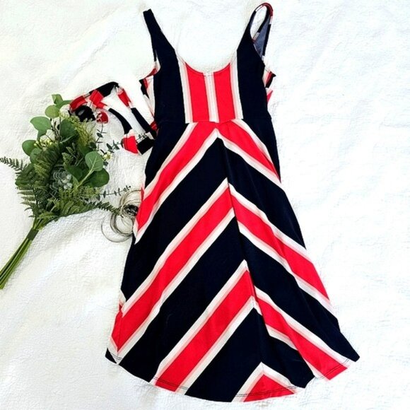 Express Women's Faux Mini Wrap Dress Size Small Navy Blue Red White Sleeveless - Picture 11 of 14